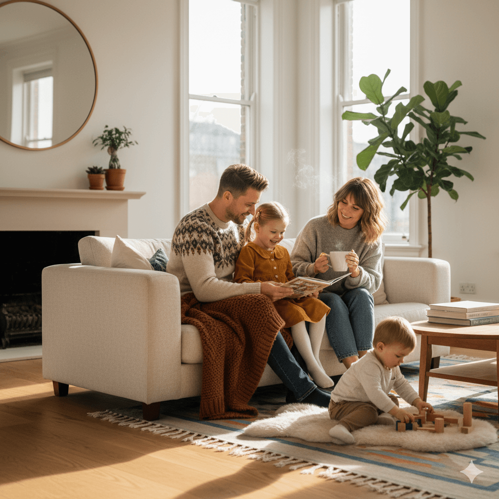 Happy family in their energy-efficient home
