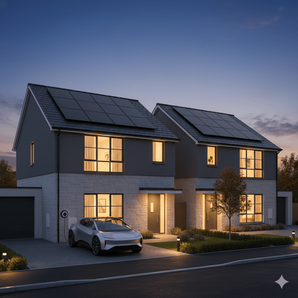 Modern energy-efficient home with solar panels and heat pump
